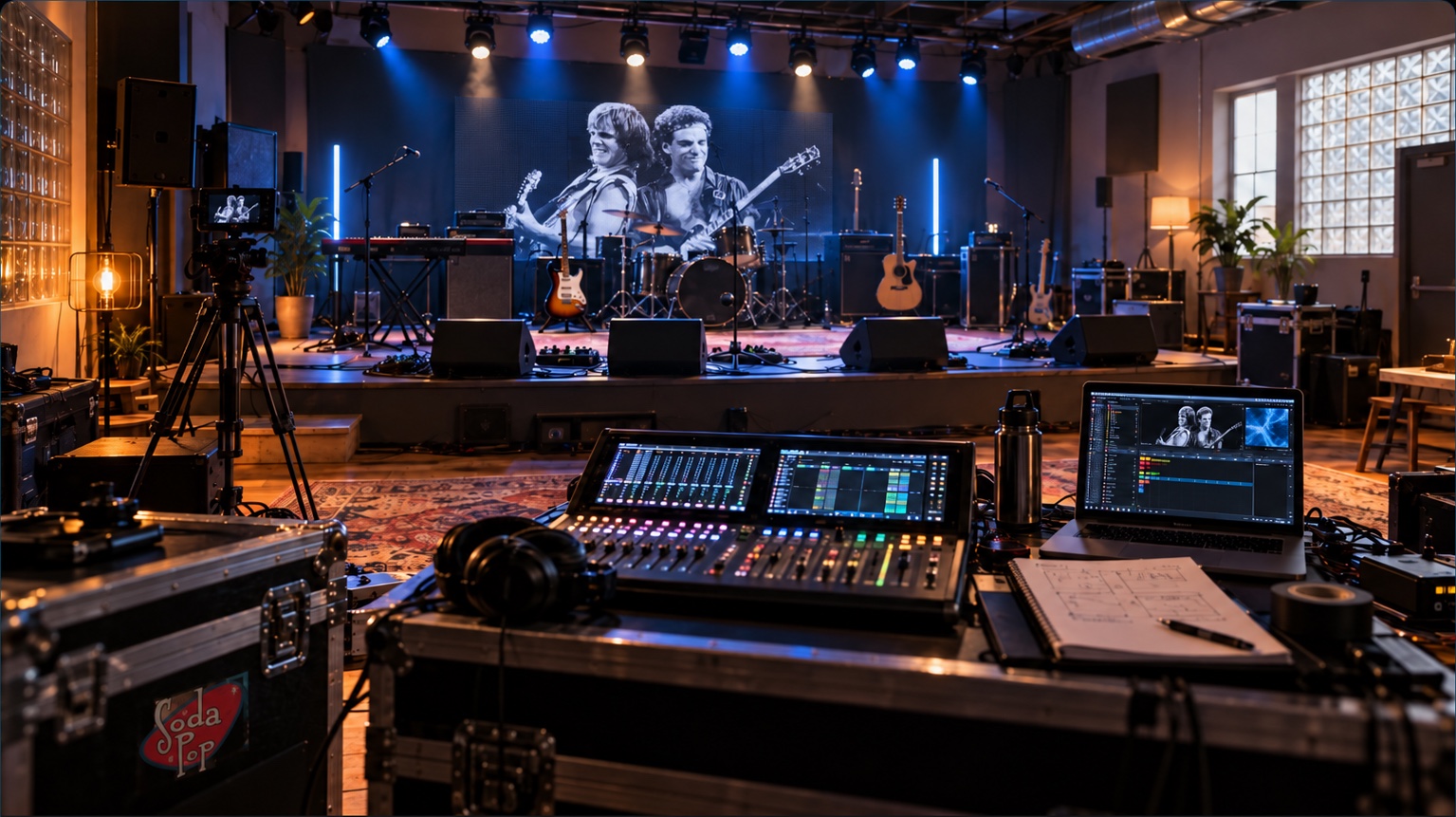 A concert stage and production workstation showing two Journey guitarists on the video wall, camera monitor, and laptop preview