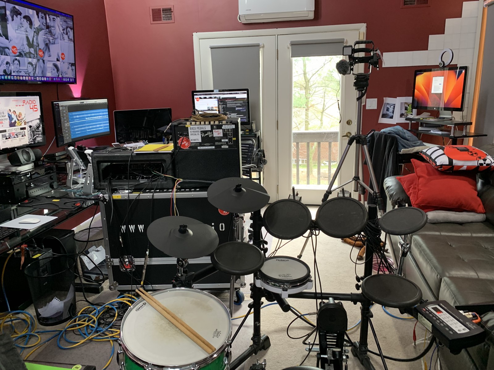 Electronic and acoustic drum setup in the SodaPop House recording space