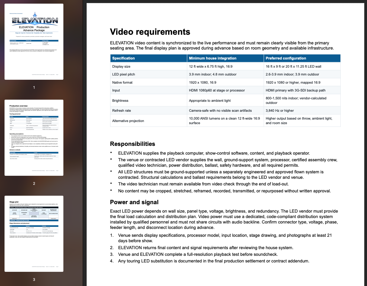 Preview of the ELEVATION Production Advance Package showing its cover, stage plot, and video requirements