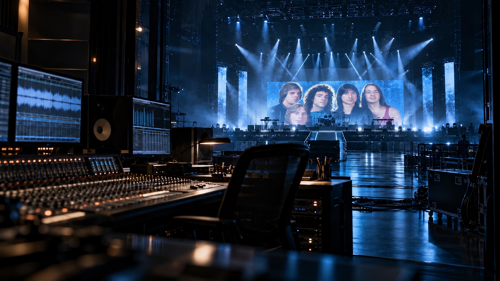 A production control room overlooking the ELEVATION stage with Journey displayed on the central video screen