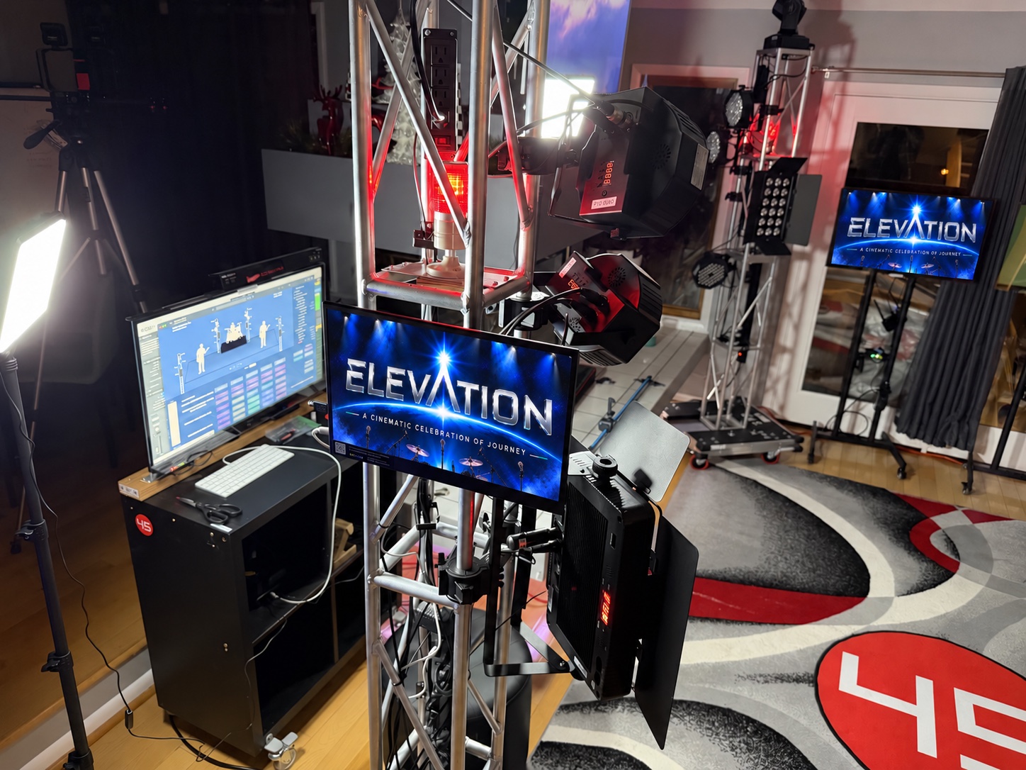 Lighting towers, ELEVATION-branded video monitors, and show-control equipment under construction at SodaPop House