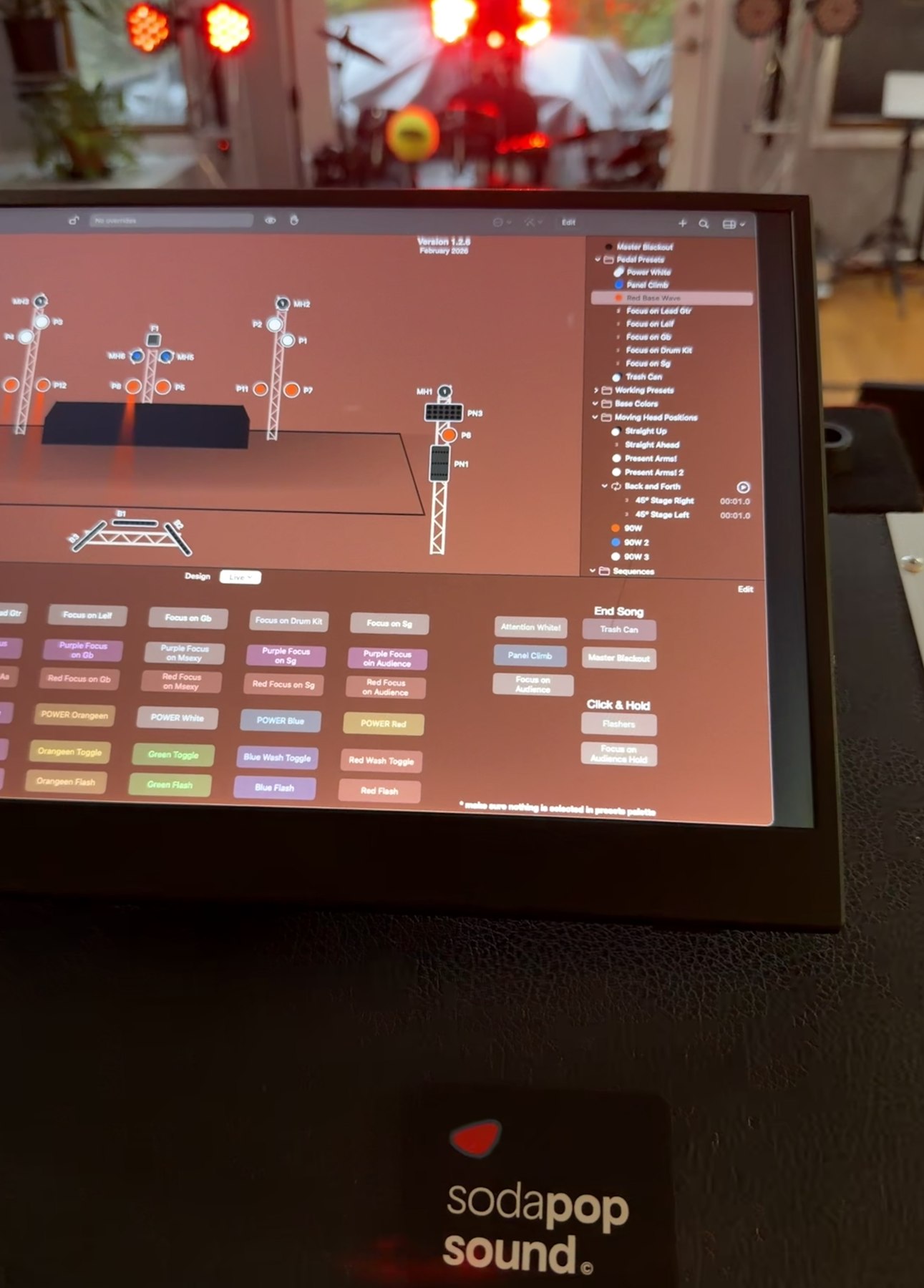 Custom SodaPop Sound lighting-control interface operating synchronized stage fixtures