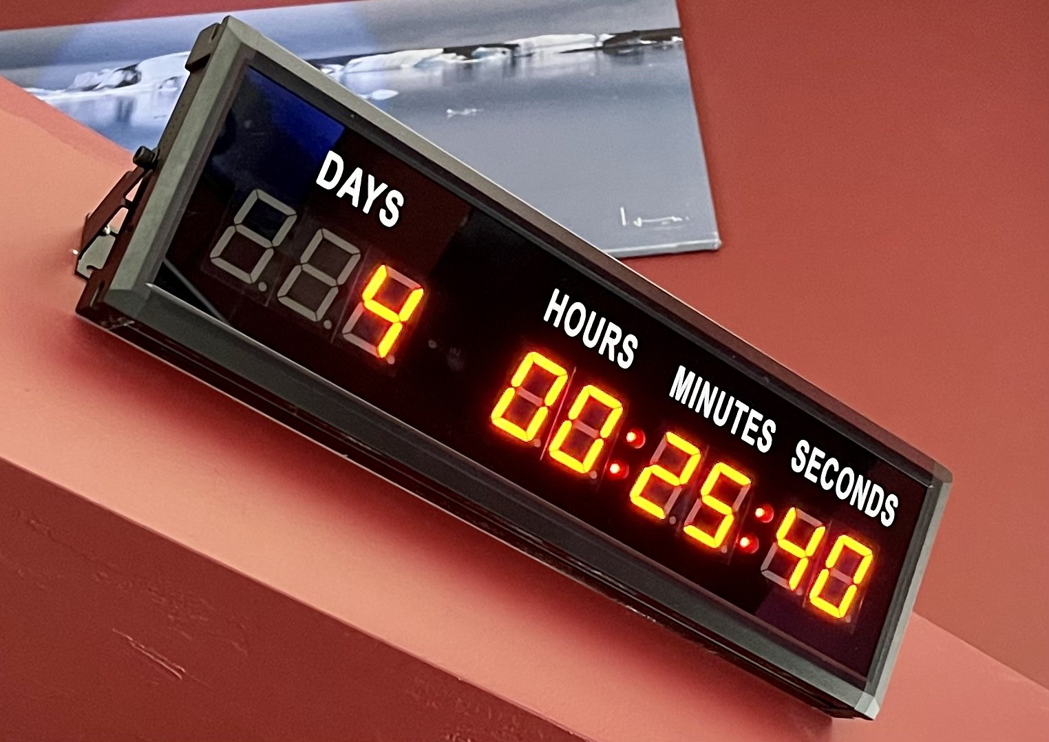 A photographed release countdown clock in the SodaPop House control room