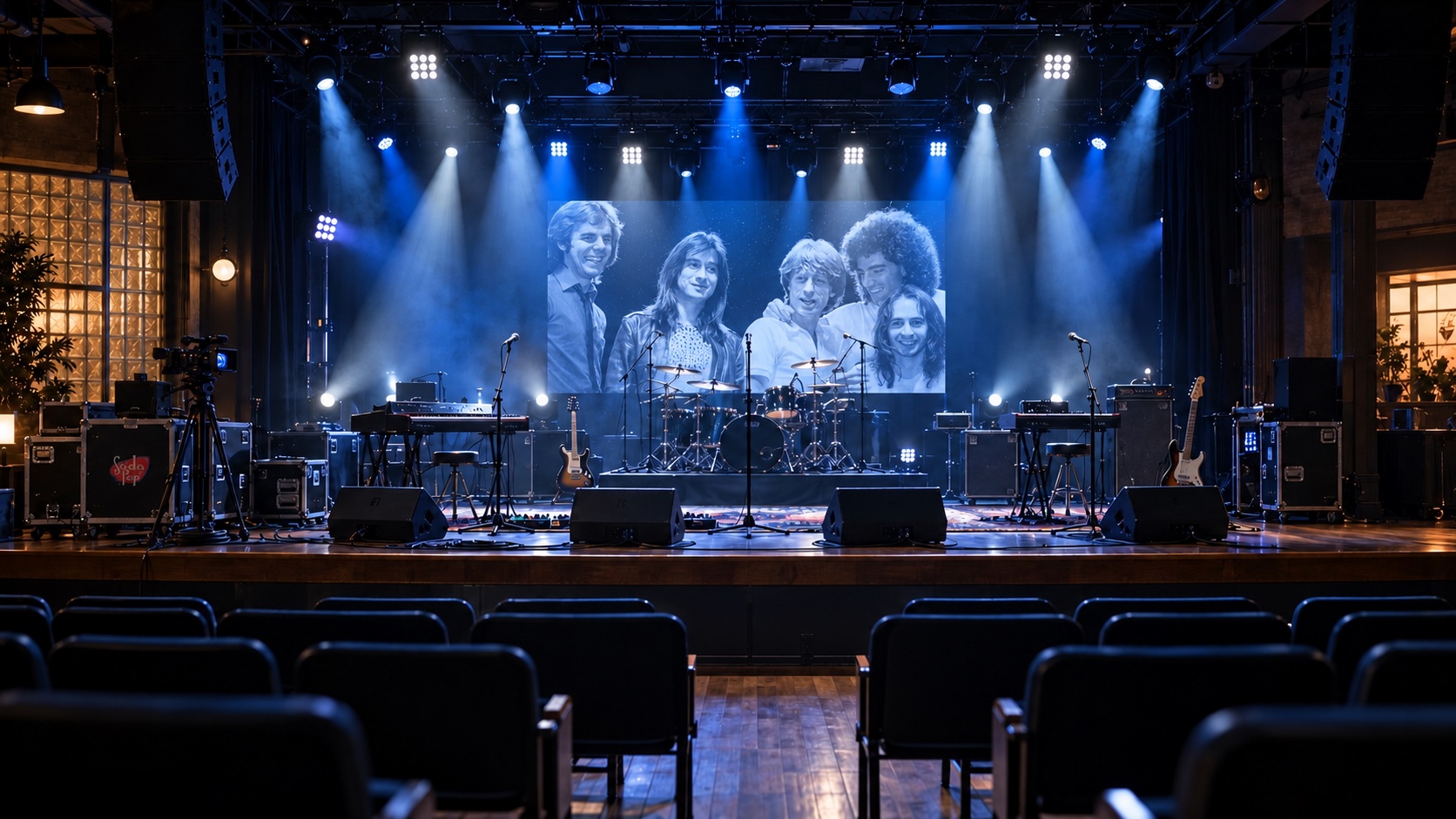ELEVATION stage visualization with a historic photograph of Journey displayed on the central video screen