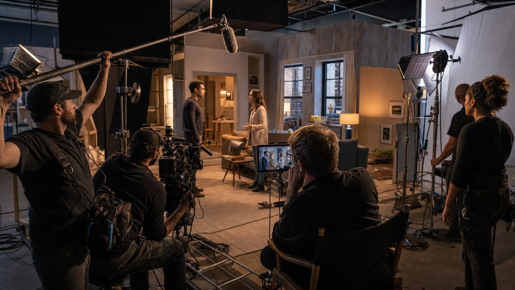 Film crew working on a cinematic production set