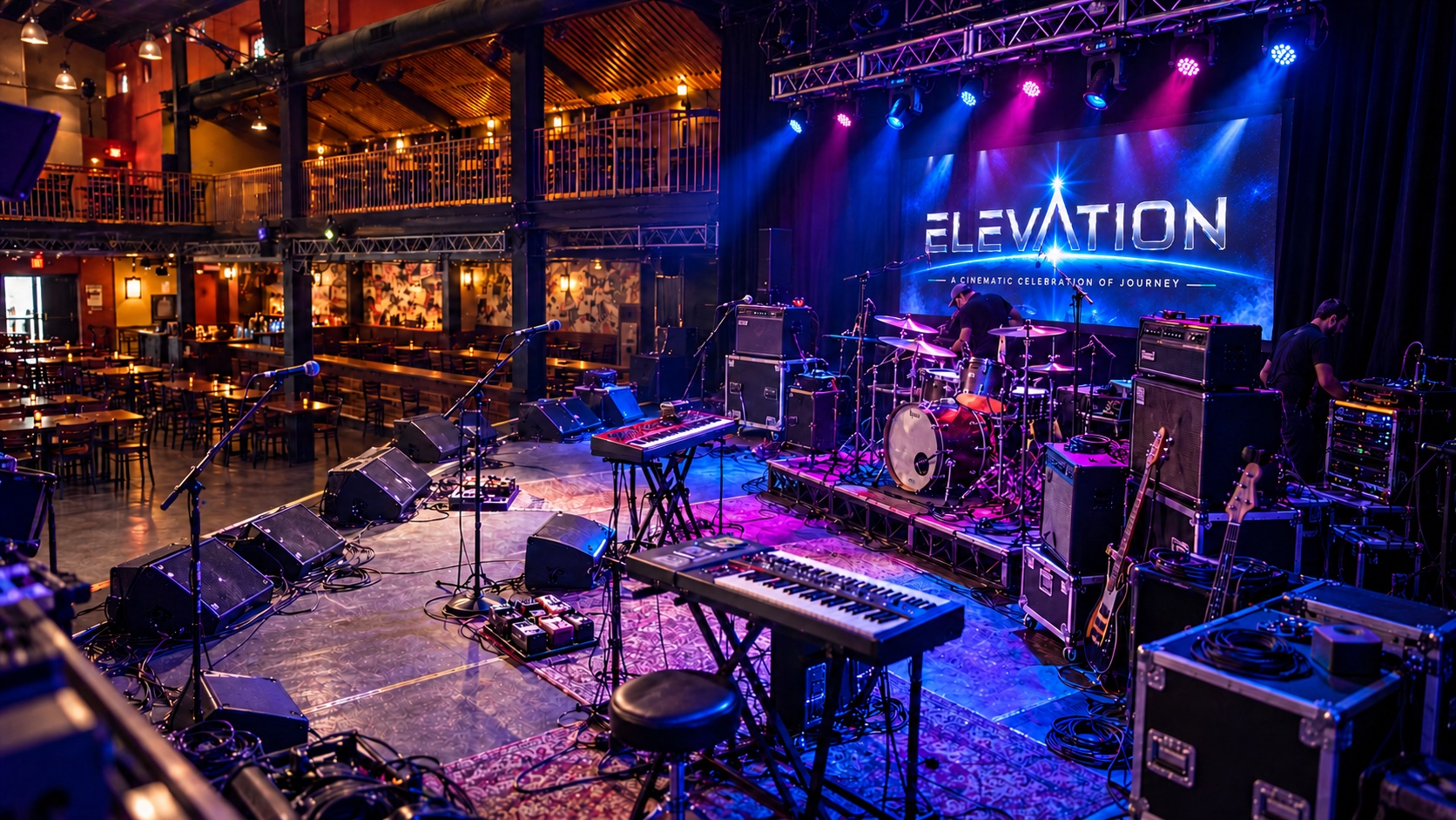 A working concert stage with the ELEVATION logo projected on the rear screen